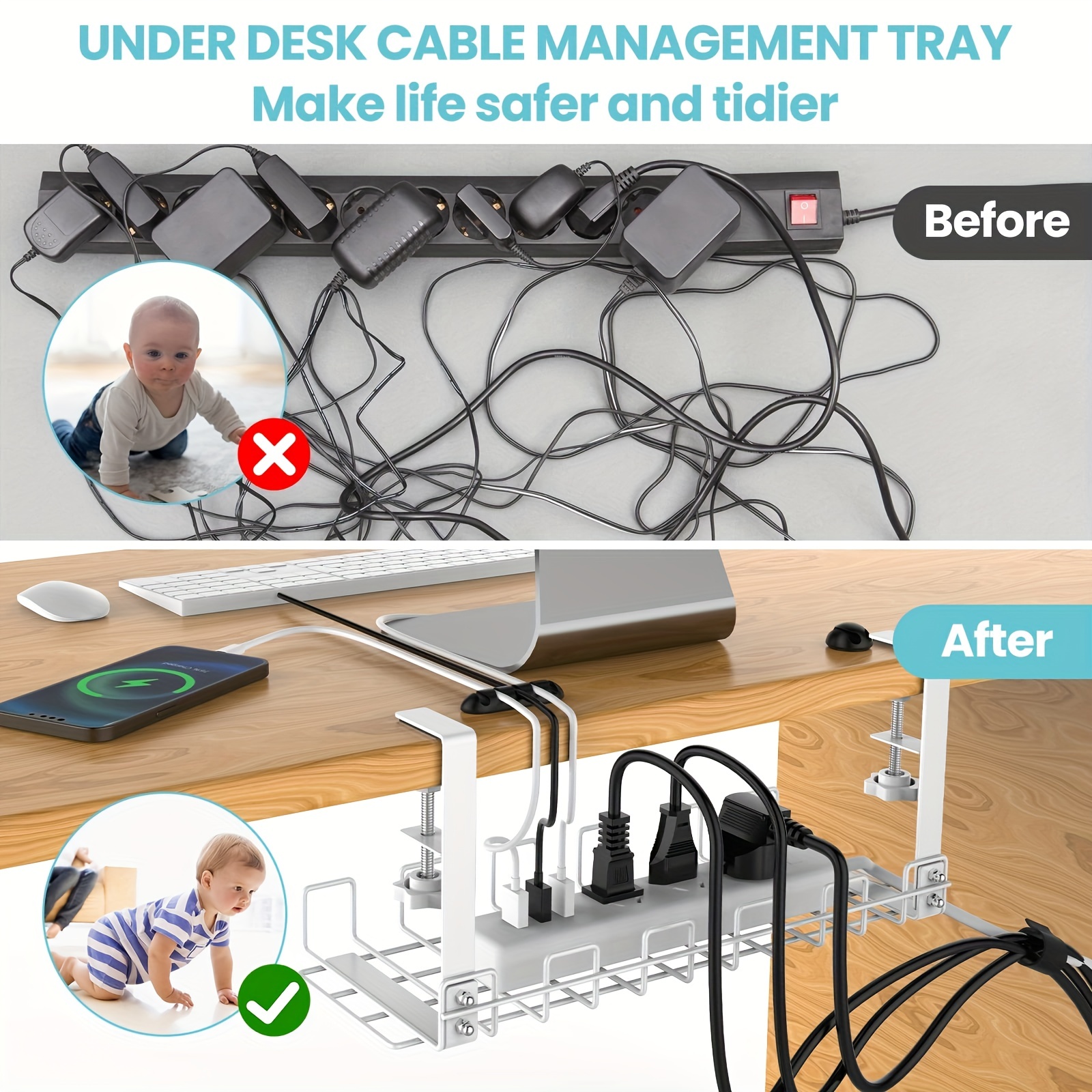 Under Desk Cable Management Tray, 15.7'' Cable Management Under Desk No Drill Steel Desk Cable Organizers, Desk Cable Tray with Wire Organizer and