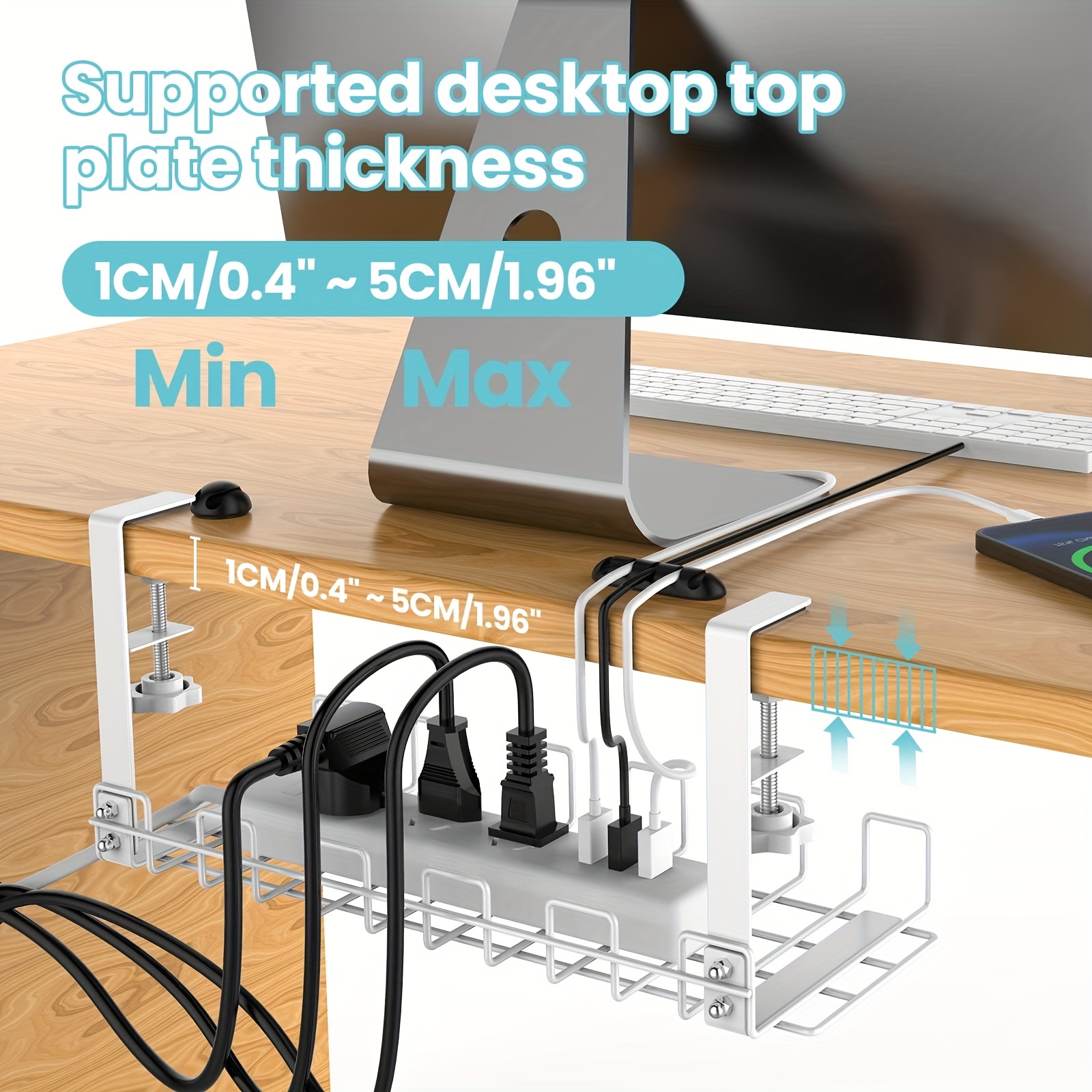 Under Desk Cable Management Tray, 15.7'' Cable Management Under Desk No Drill Steel Desk Cable Organizers, Desk Cable Tray with Wire Organizer and