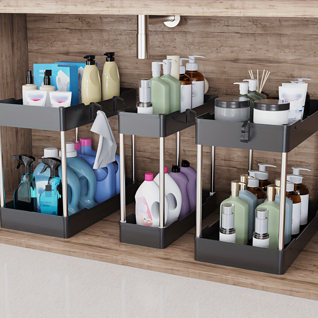 Under Sink Organizers and Storage - 2 Pack Metal Under Cabinet Organizers  with Sliding Drawers,Folding Under Sink Organizer for Cabinet, Bathroom