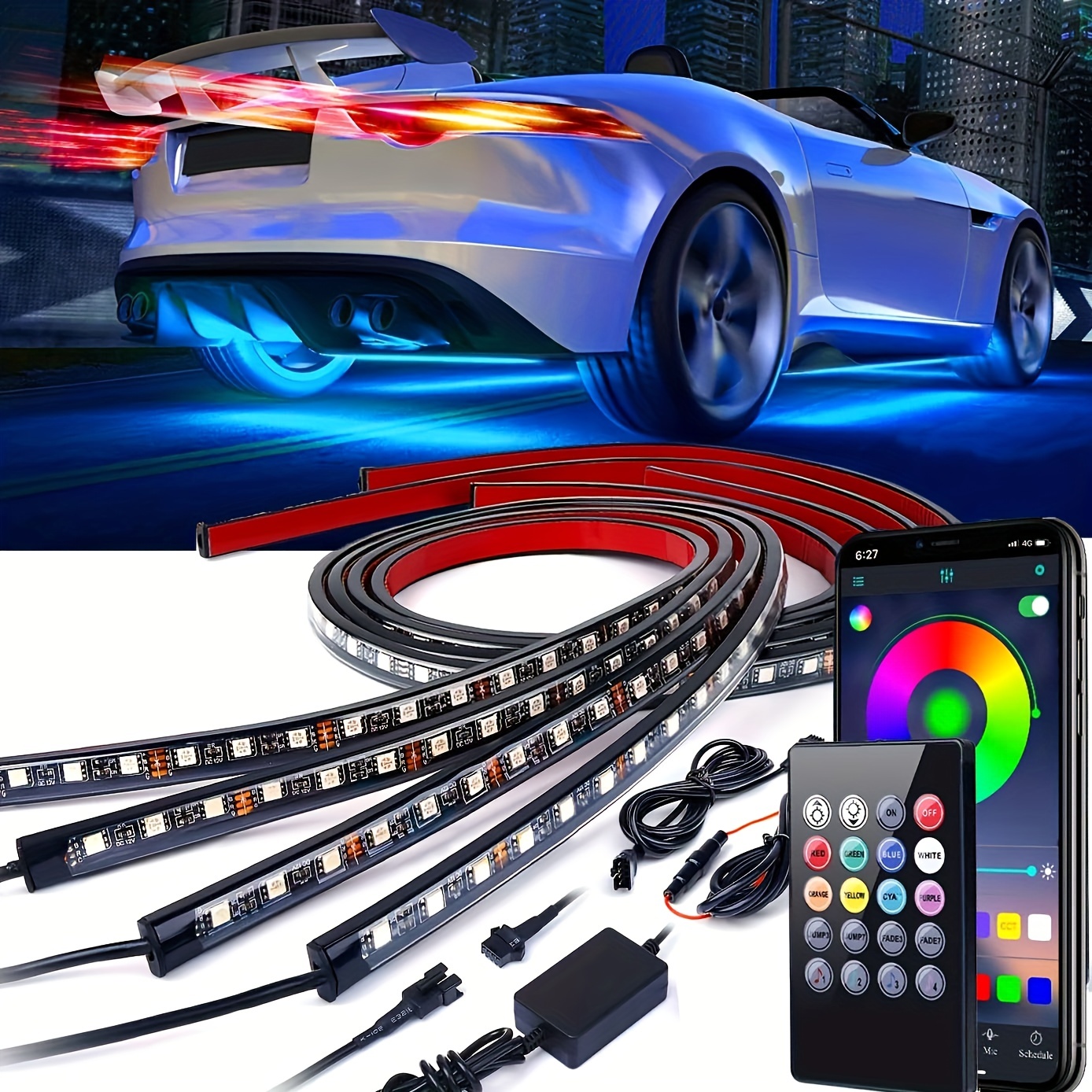  Tira de luces LED 5 en 1 para automóvil, luz interior del  automóvil, kit de iluminación LED ambiental con colores RGB, fibra óptica y  ritmo de sincronización de música, accesorios de