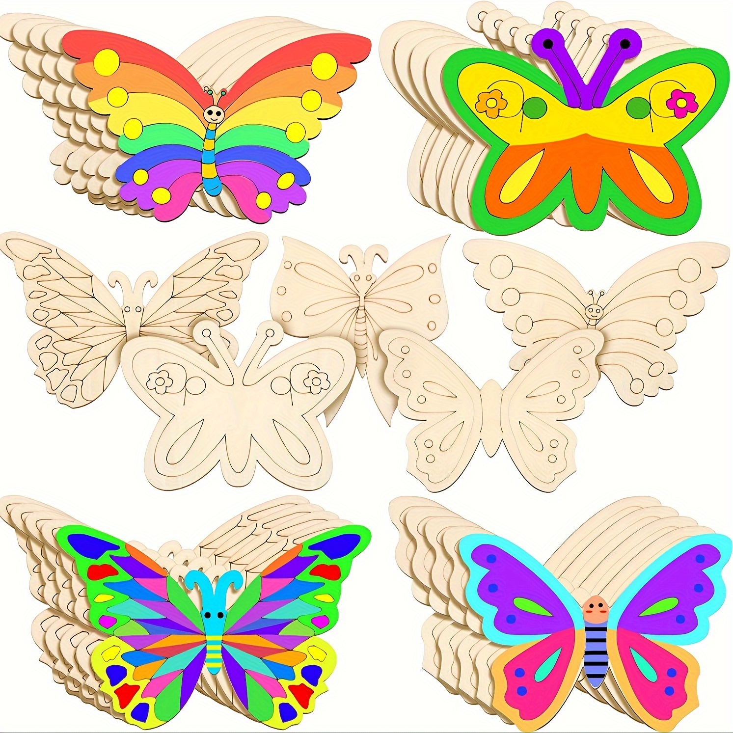 80pcs Unfinished Wooden Cutouts,8 Styles Wood Butterfly Flower Bee Slices,Blank Wooden Paint Crafts Unfinished Wood Cutouts,DIY Wooden Paint Crafts Fo