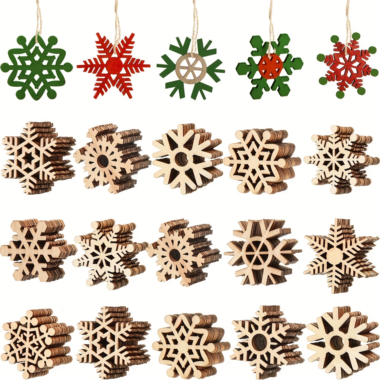 60 Pieces Wooden Snowflake Cutouts Christmas Wood Snowflake Decorations with 60 Pieces Twine Ropes for Kids Crafts Christmas Ornaments (60pcs)