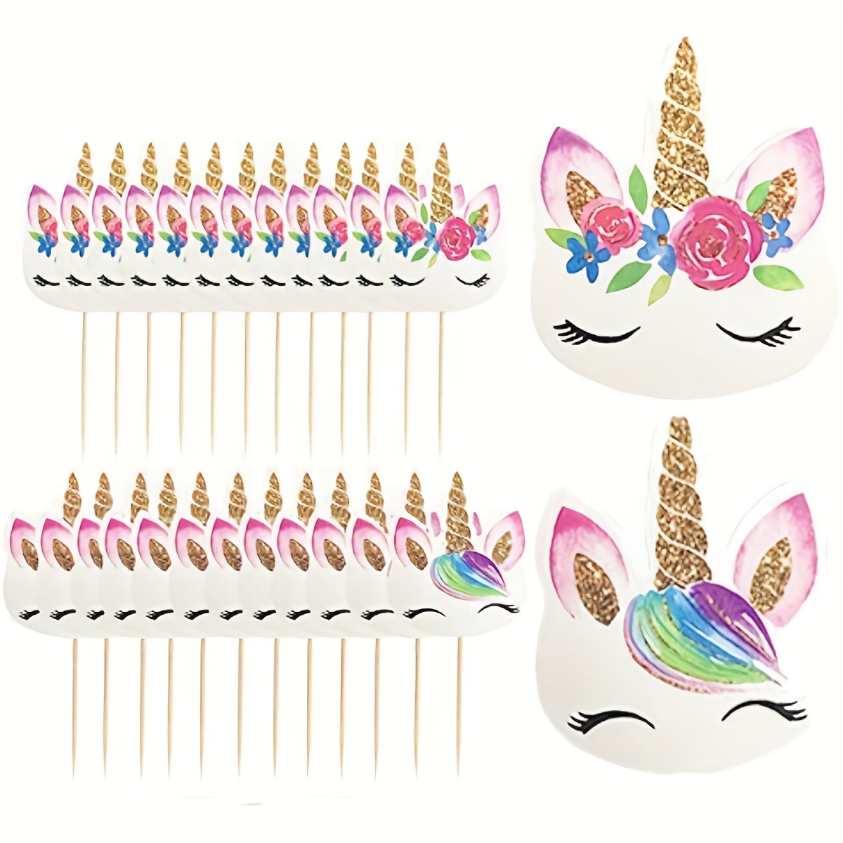 Decoración para tarta de unicornio, hecho a mano, suministros de decoración  para tartas con pestañas y pilas, cuerno de oro reutilizable para fiesta