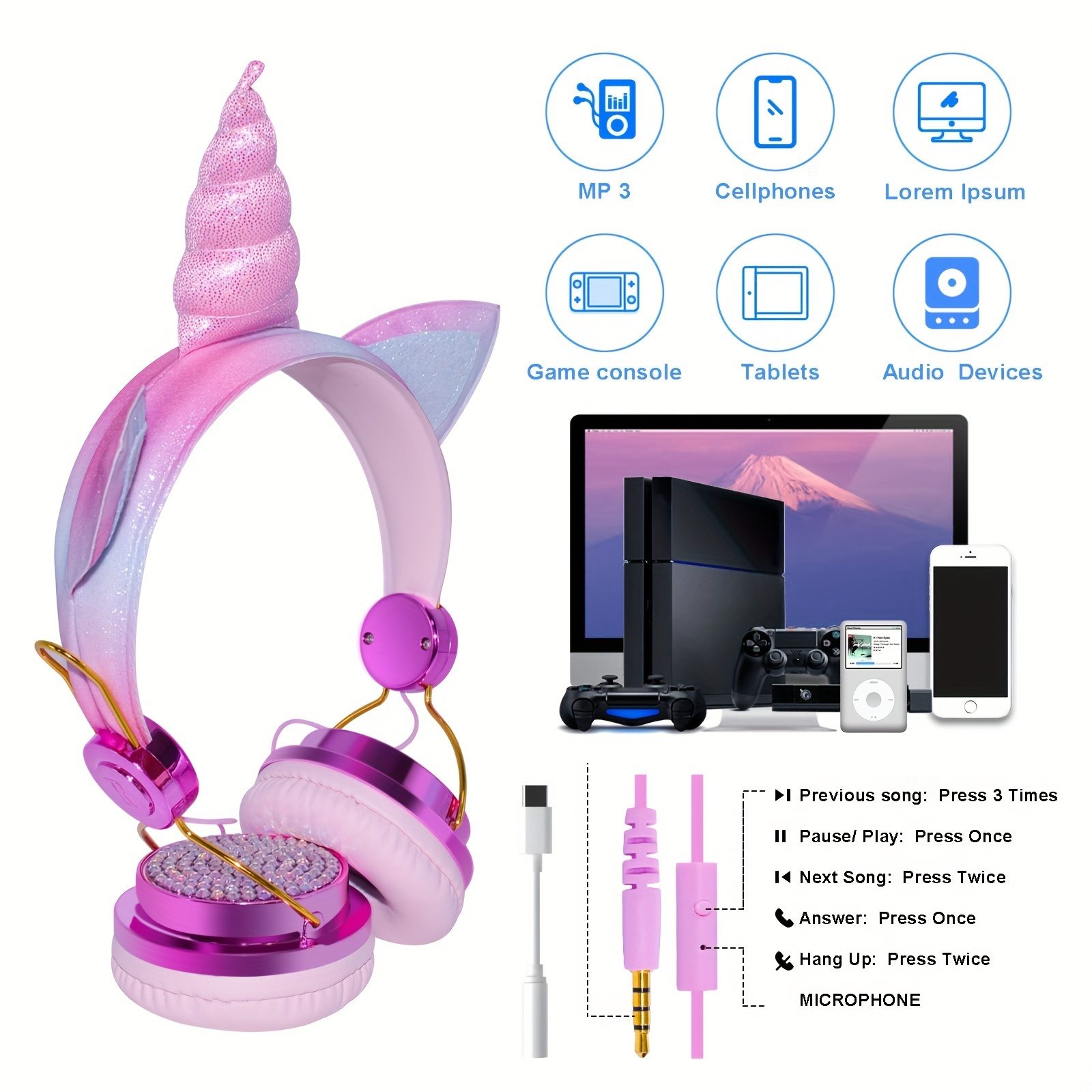 Auriculares para niños, audífonos inalámbricos Bluetooth de unicornio de  dibujos animados para niñas escolares, auriculares estéreo con micrófono  para