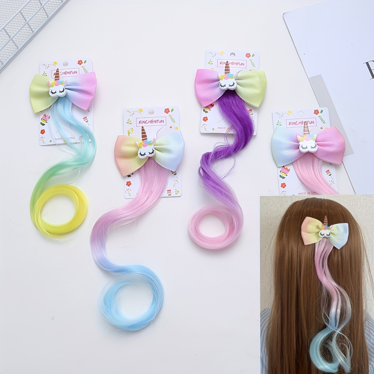 6pcs Colorful Unicorn Hair Extensions For Little Girls,kawaii Hair Clips  Ombre Color Hair Accessories For Kids Birthday Gift,princess Costume Dress  Up