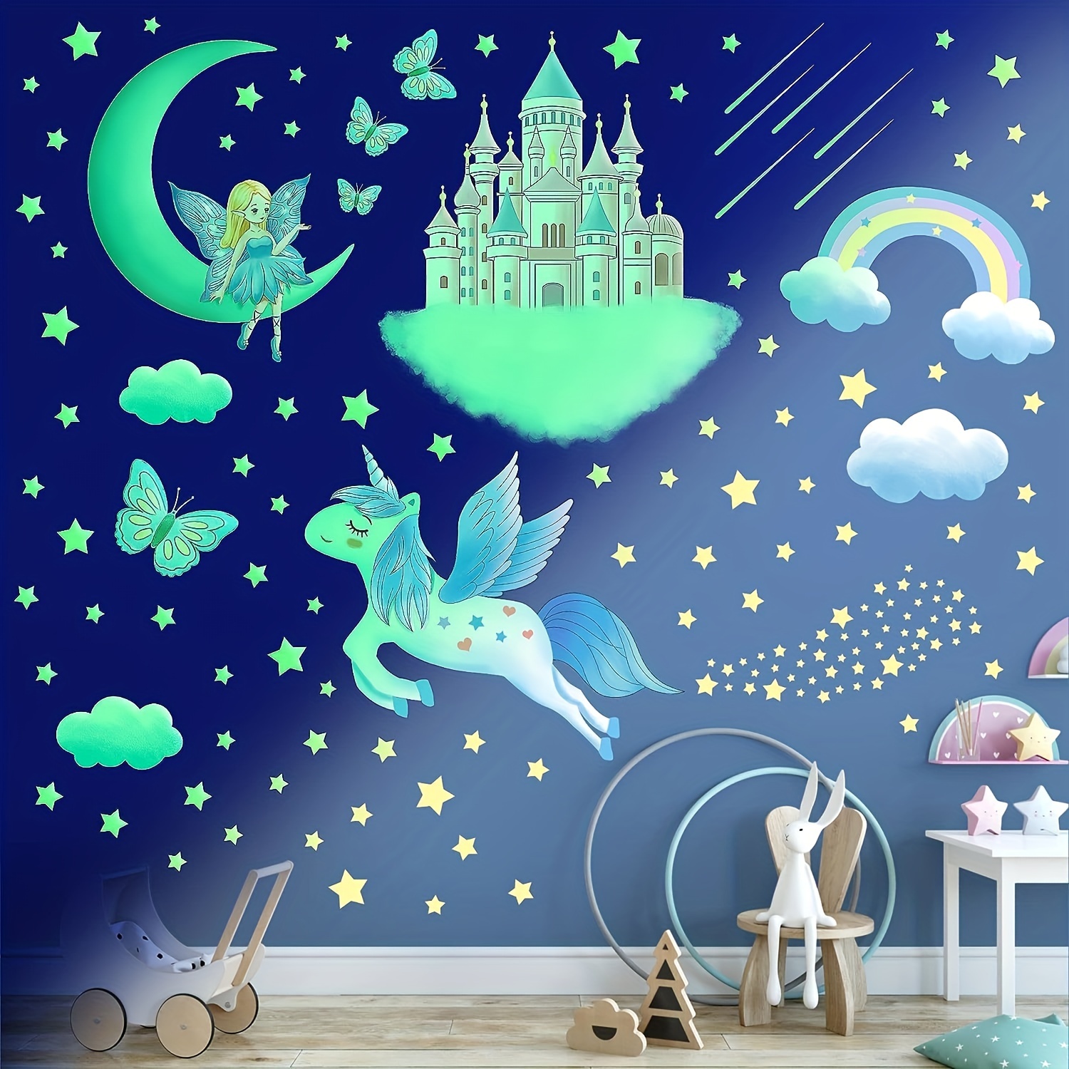  Pegatinas luminosas con diseño de estrellas de la luna, pegatinas  fluorescentes autoadhesivas que brillan en la oscuridad, pegatina de pared  para decoración de techo para habitación de niños, dormitorio y pasillo (