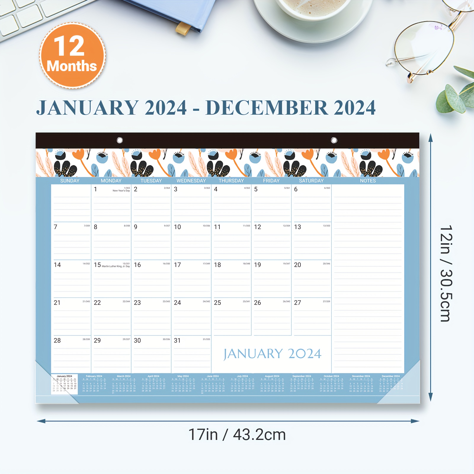 2024 Calendar - 12 Monthly Calendar 2024, 2024 Wall Calendar From January  2024 - December 2024,, Twin-wire Binding + Hanging Hook + Thick Paper +  Unruled Blocks With Julian Dates -flowers - Temu New Zealand