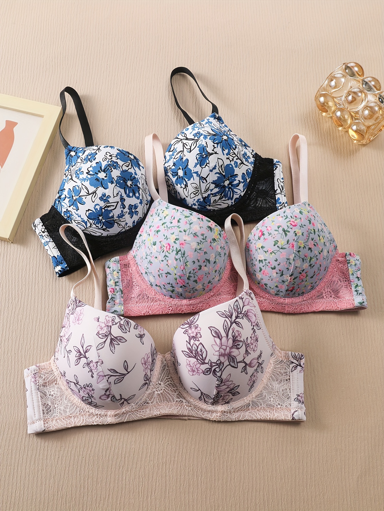 Women Intimates Floral Sexy Lingerie Set Gather Underwear Paded Push Up Bra  Suit