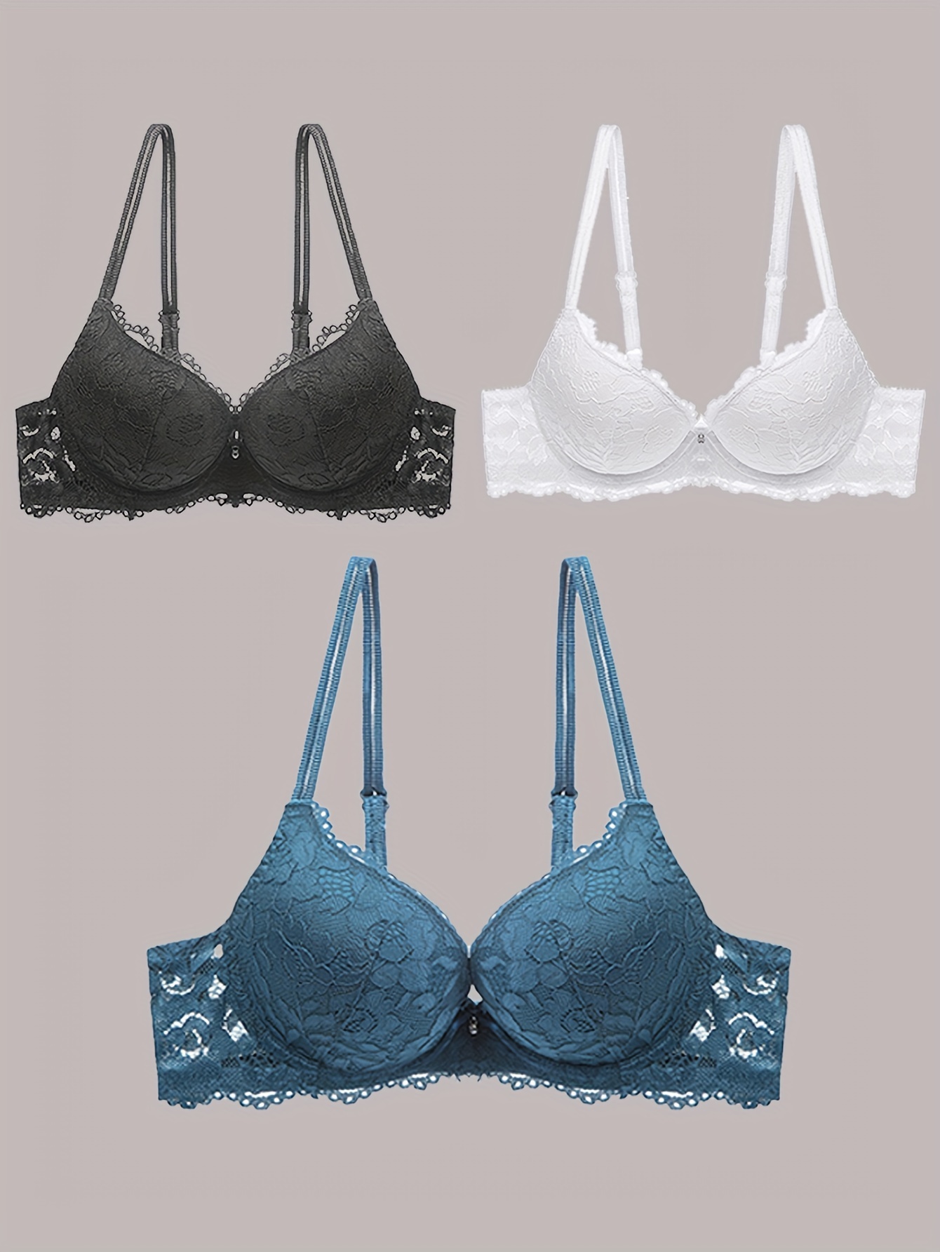 3pcs Contrast Lace Push Up Bras, Comfy & Breathable Anti-sagging Bra,  Women's Lingerie & Underwear