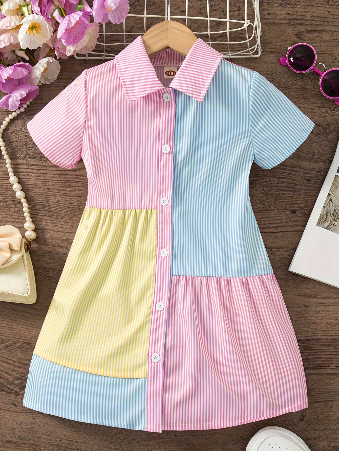 Girls' Casual Collared Button Belted Dress Girls Dresses - Temu