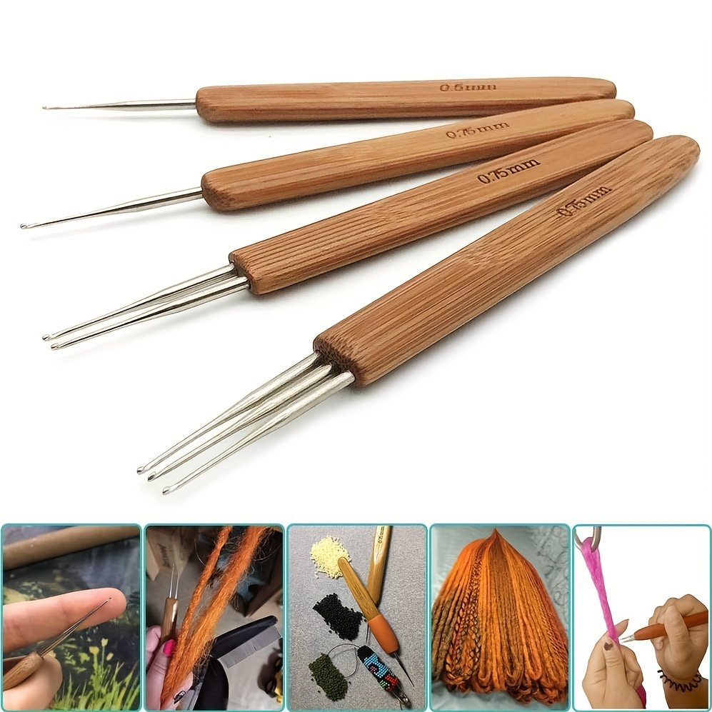 0.5/0.75Mm Dreadlocks Crochet Hooks Set For Hair Extensions Weaving Needles  With Bamboo Handle For