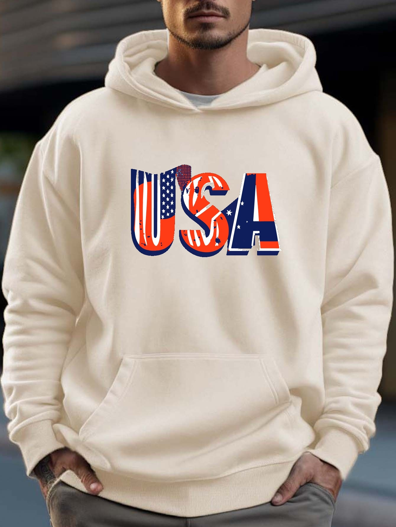 Usa Print Hooded Sweatshirt Front Pocket Long Sleeve Causal - Temu