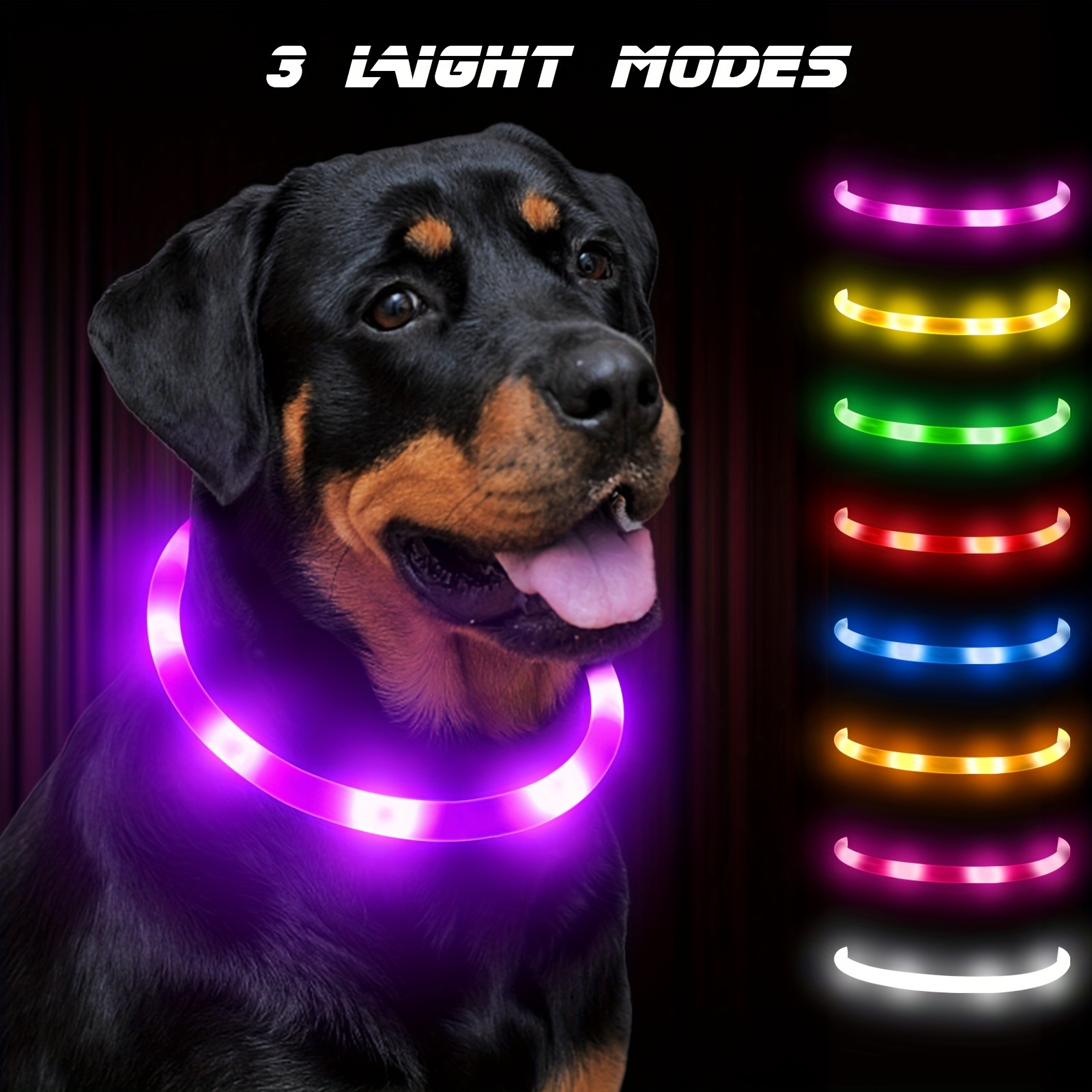 Collar de perro con luz LED, 7 colores RGB y 5 modos de luz, ajustable  recargable por USB, collares de perro que brillan en la oscuridad, collares  de