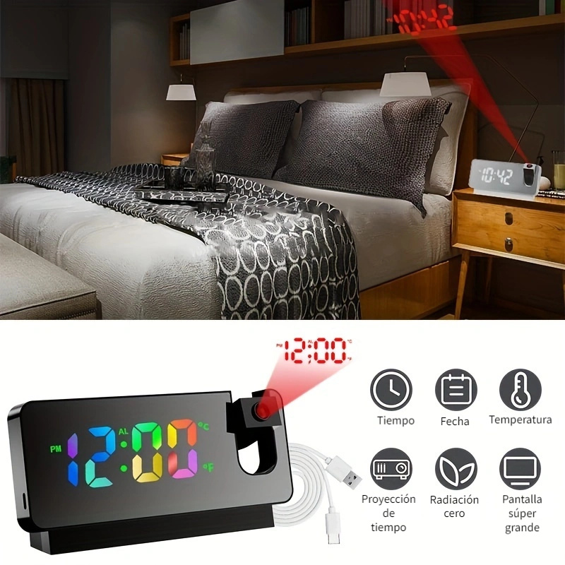  Reloj despertador de proyección para dormitorios, reloj digital  LED con proyector giratorio de 180° en la pared del techo, modelo de  repetición, 12/24H, brillo de 2 niveles de temperatura interior para