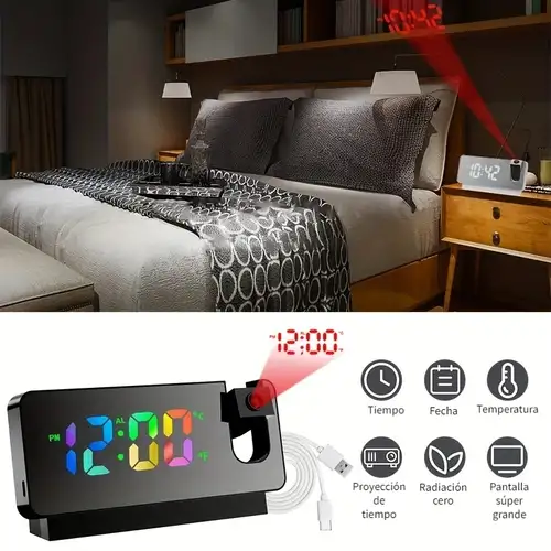 Reloj despertador de proyección para dormitorios, reloj digital LED con  proyector giratorio de 180° en la pared del techo, modelo de repetición