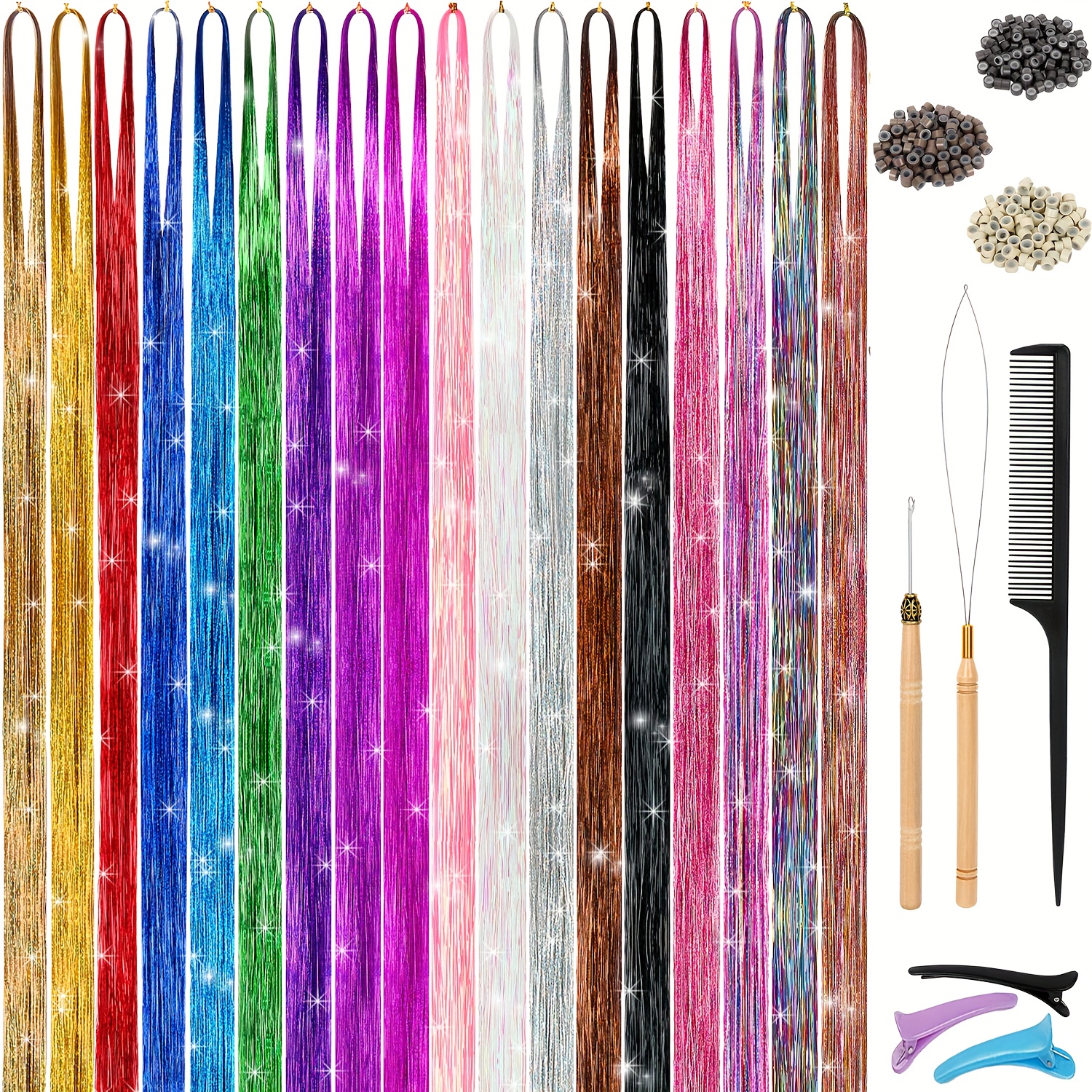 Gold Hair Tinsel Kit With Tools 1200 Strands Hair Tinsel Heat Resistant  Fairy Ha