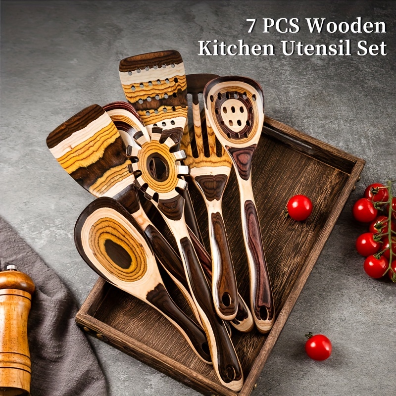 7Piece ustensile de cuisine en bois ensemble ustensile de