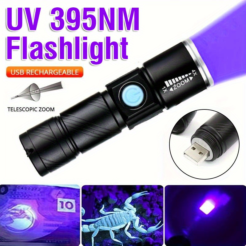 ALONEFIRE SV13 15W 365nm Linterna UV USB recargable ultravioleta luz negra  detector de orina de mascotas para curado de resina, manchas secas