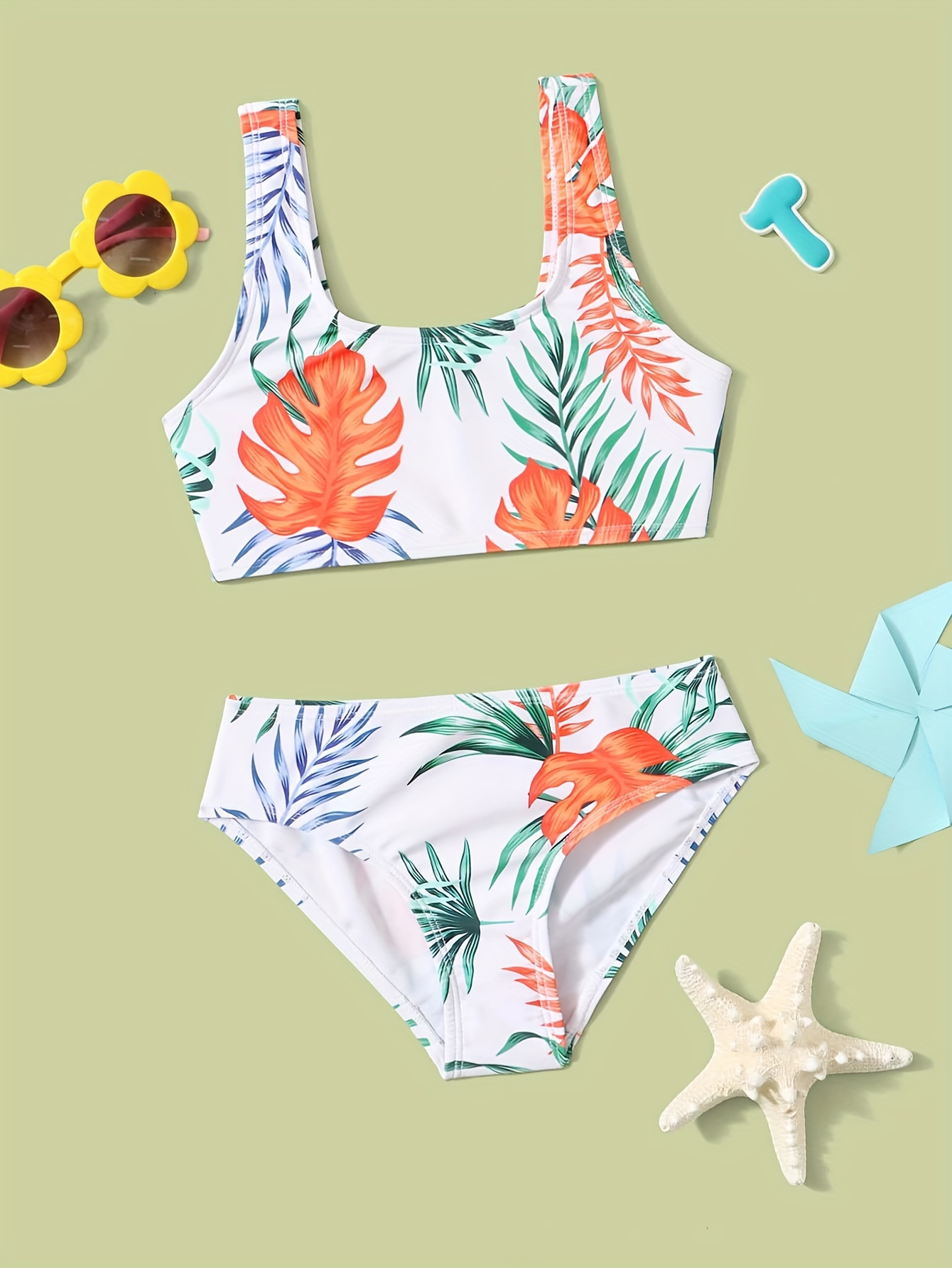 2pcs Flora Print Swimsuit Sets Girls Comfy Bikini Set For Hawaii Summer Gift