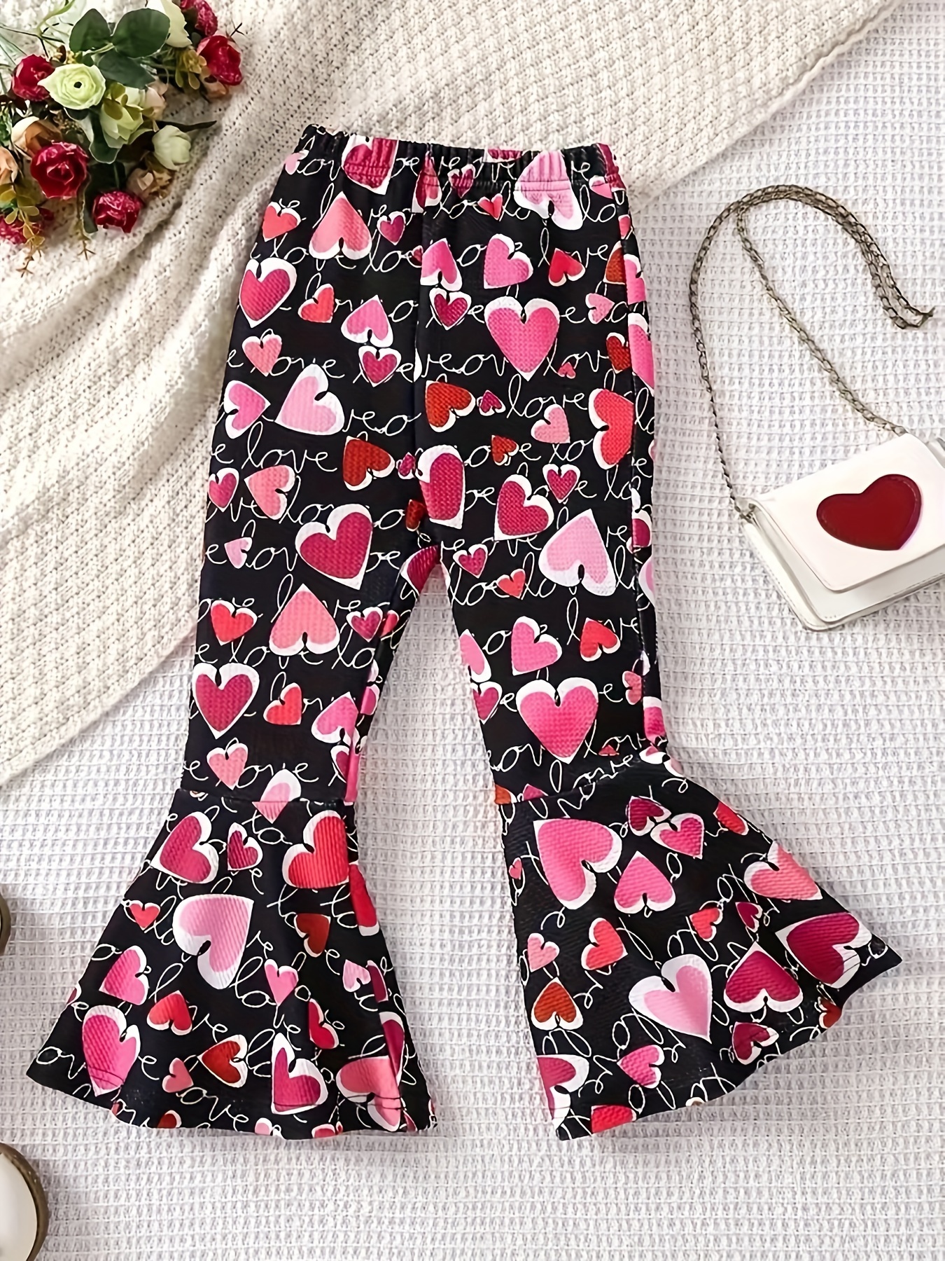 Cute Red Hearts Print Toddler Girls Bell Bottom Jeans Casual - Temu