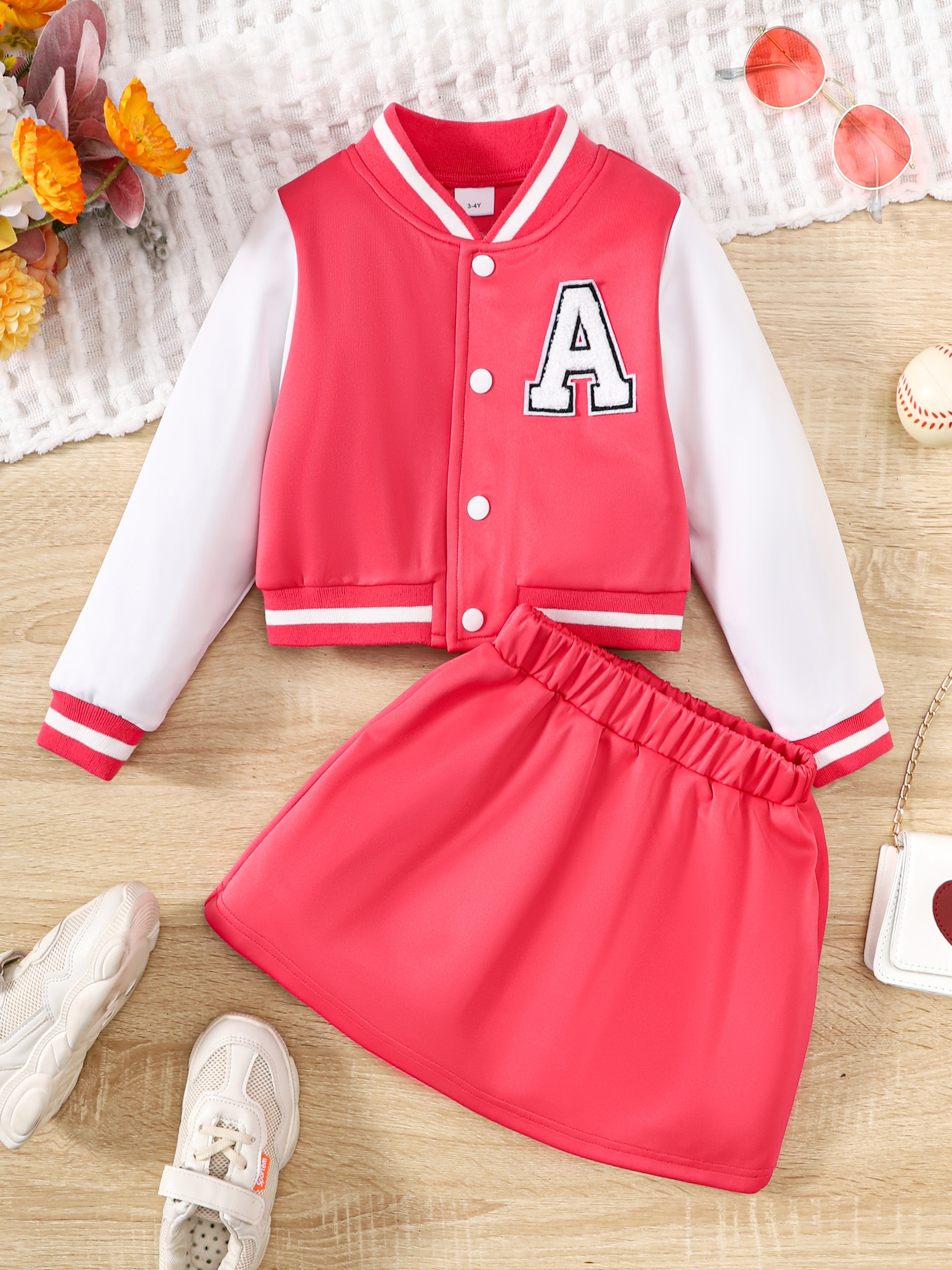 3pcs Girl's Preppy Style Outfit, Varsity Jacket & Tank Top & Corduroy  Shorts Set, Color Clash Button Front Coat, Kid's Clothes For Spring Fall