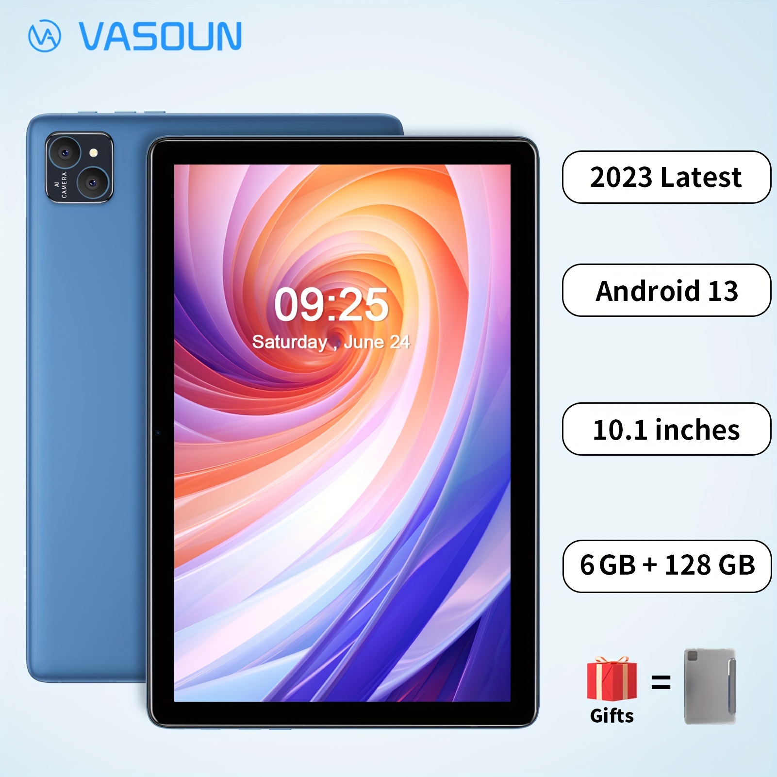 VASOUN 10 インチタブレット Android 13 用、ケース付きタブレット PC、(6GB+6GB 拡張)*、128GB ROM、マイクロ  SD 拡張サポート、8000Mah バッテリー、8 コアプロセッサ、10 インチタブレット IPS HD ディスプレイ、デュアルカメラ、Wi-Fi