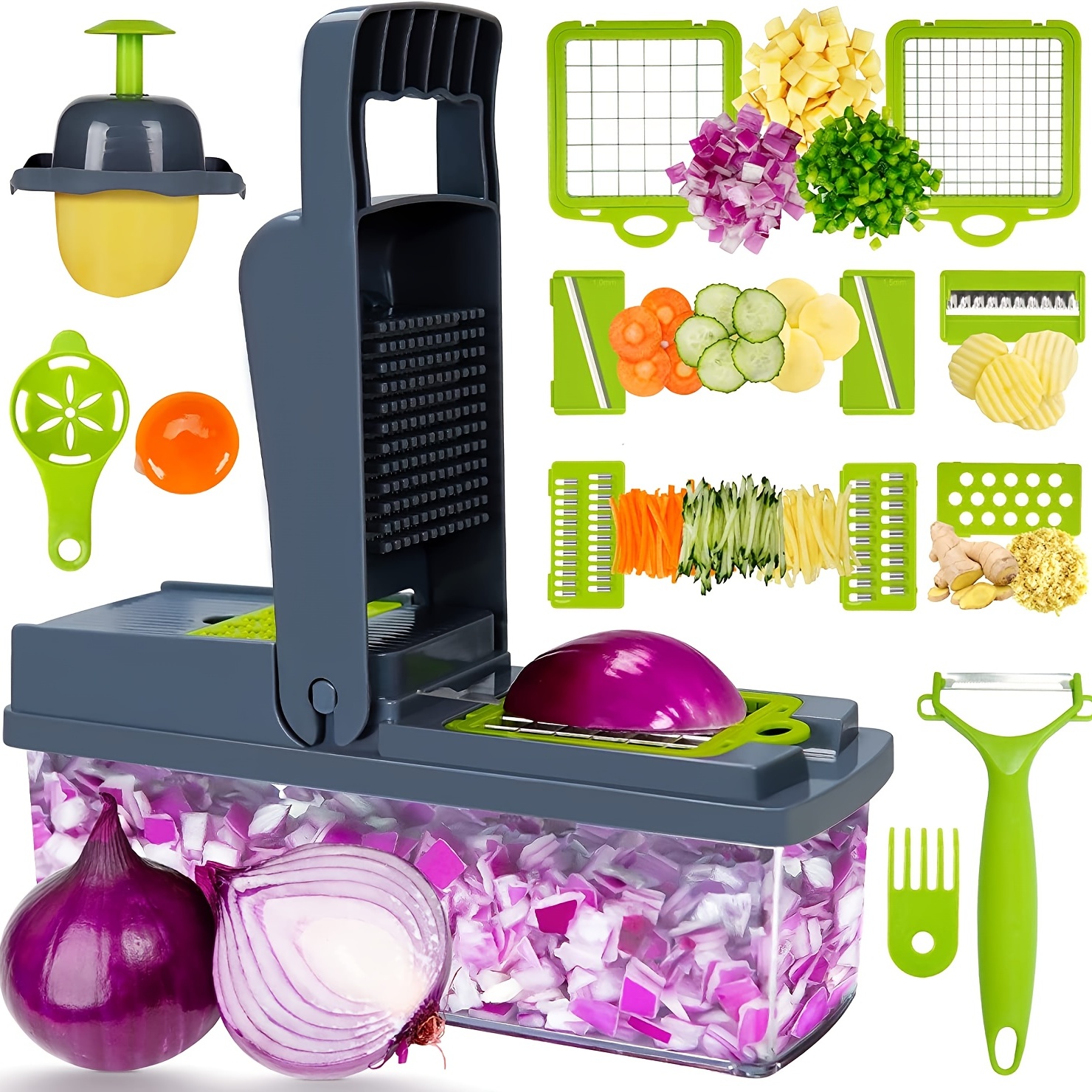 Picador de verduras Multifuncional 14 en 1 picador de alimentos Picador de  frutas Cortador de cebolla picadora de verduras con recipiente Cortador de