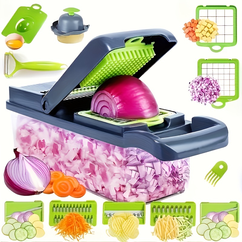 Vegetable Dicer Mandolin Slicer - 7 Blades Handy Onion Chopper Shredder  with Egg Separator and Colander Strainer for Kitchen Multiple Uses ( Blue)  