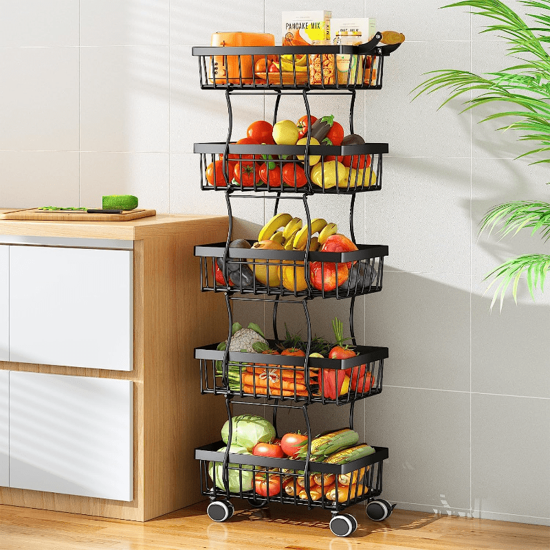  Fruit And Vegetable Basket For Kitchen Wood Top,5 Tier  Stackable Metal Wire Storage Stand Cart, Organizer Bins Rack For Onions And  Potatoes, Baskets,Black