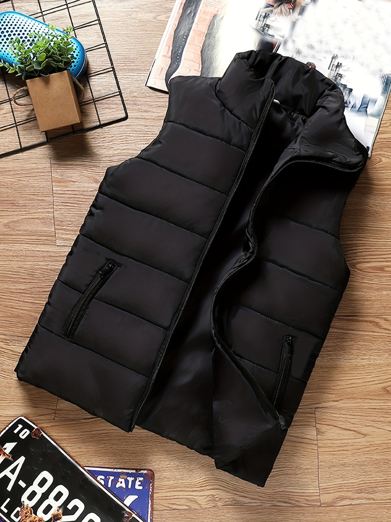 Mens Lightweight Zip Puffer Vest Loose Windproof Outerwear Solid Color  Sleeveless Jacket