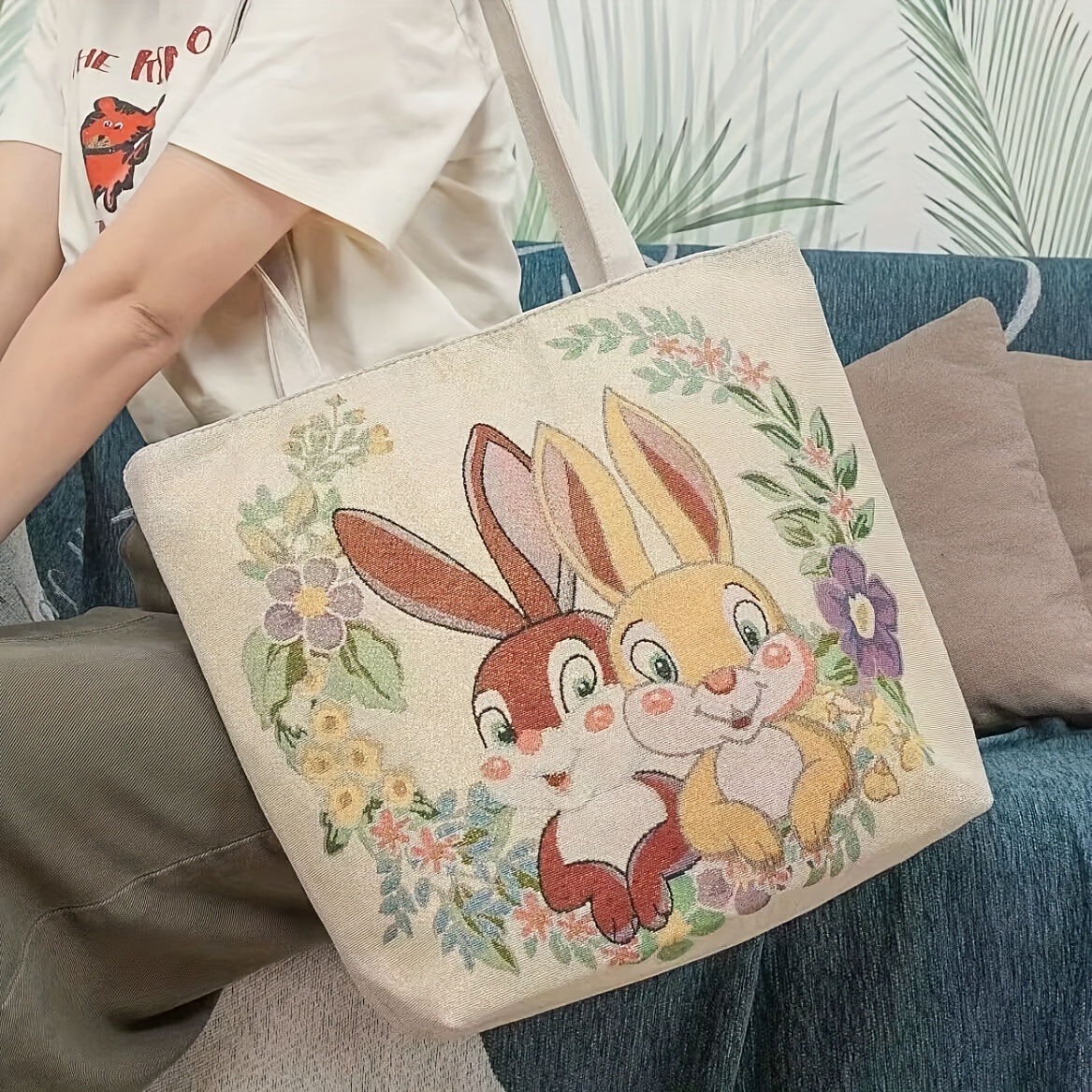 PU Shoulder Tote Bag With Rabbit Charm Bear Pattern Zipper