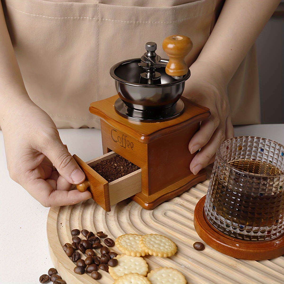 Molinillo de café manual, molinillo de granos de café, molino de madera,  molino de granos de café de mano con rebaba de hierro fundido para café de