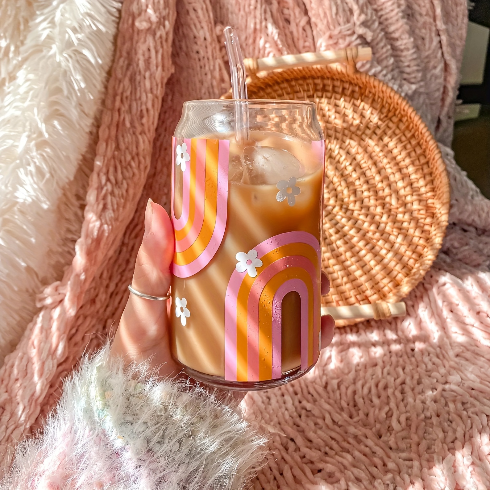 Stacked Tires Shaped Drinking Glasses With Glass Straws, Aesthetic