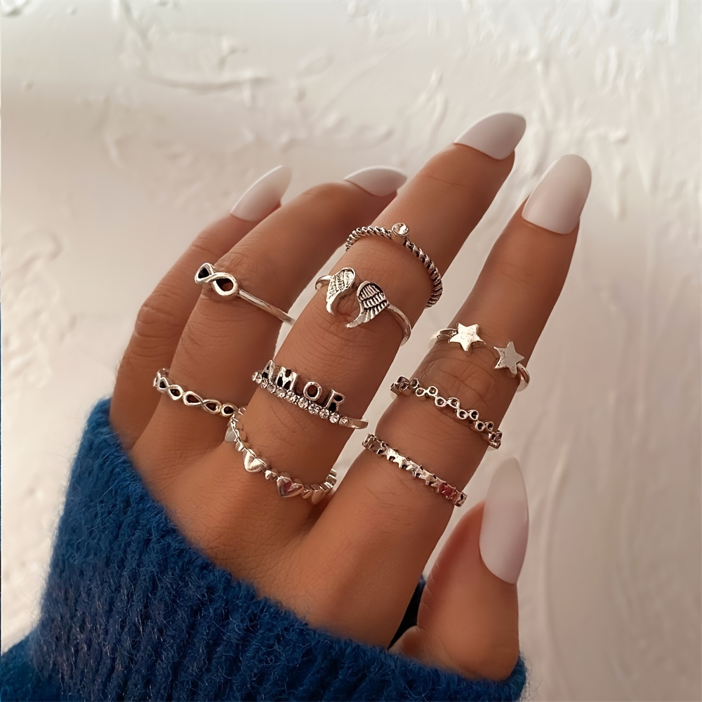 Personality Exaggerated Golden Silver Color Twist Wave Love Pattern Rings  Women's Joint Ring Set Party Favors - Temu