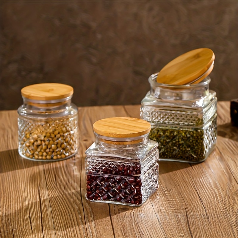 4Pcs Acacia Wood Cover Seasoning Jar Square Transparent Glass Bottles  Kitchen Storage Salt Spice Restaurant Sealing