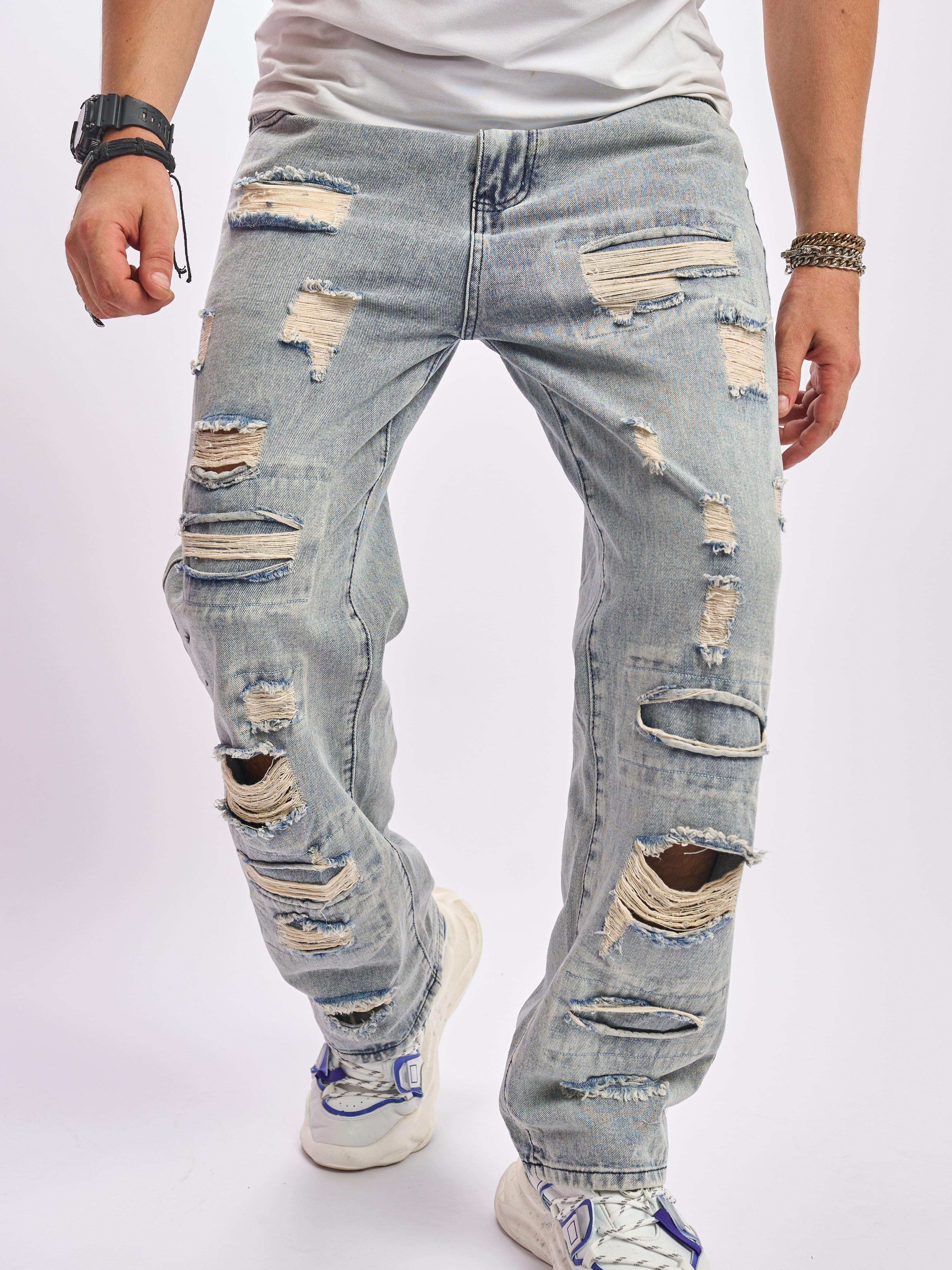 Casual Street Style Loose Fit Ripped Cotton Jeans, Men's Denim Pants For  Spring Fall