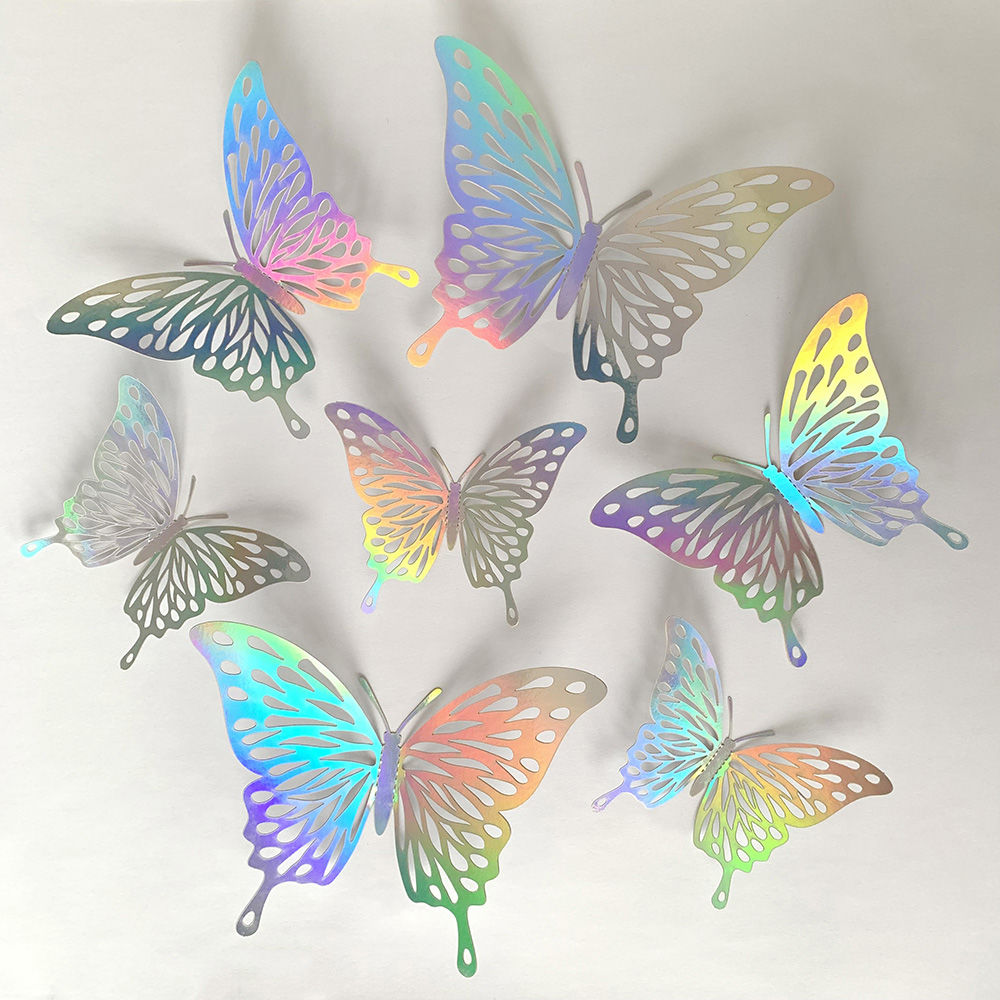 

Set Of 12, 3d Colorful Silvery Butterfly Wall Sticker, Self-adhesive Hollow Paper Three-dimensional Decal For Living Room Bedroom, Wall Decoration, Home Room Decor