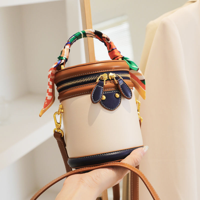 Colorblock Shoulder Cylinder Bucket Bag, Scarf Decor Top Handle Bag,  Stylish Crossbody Purse For Women - Temu