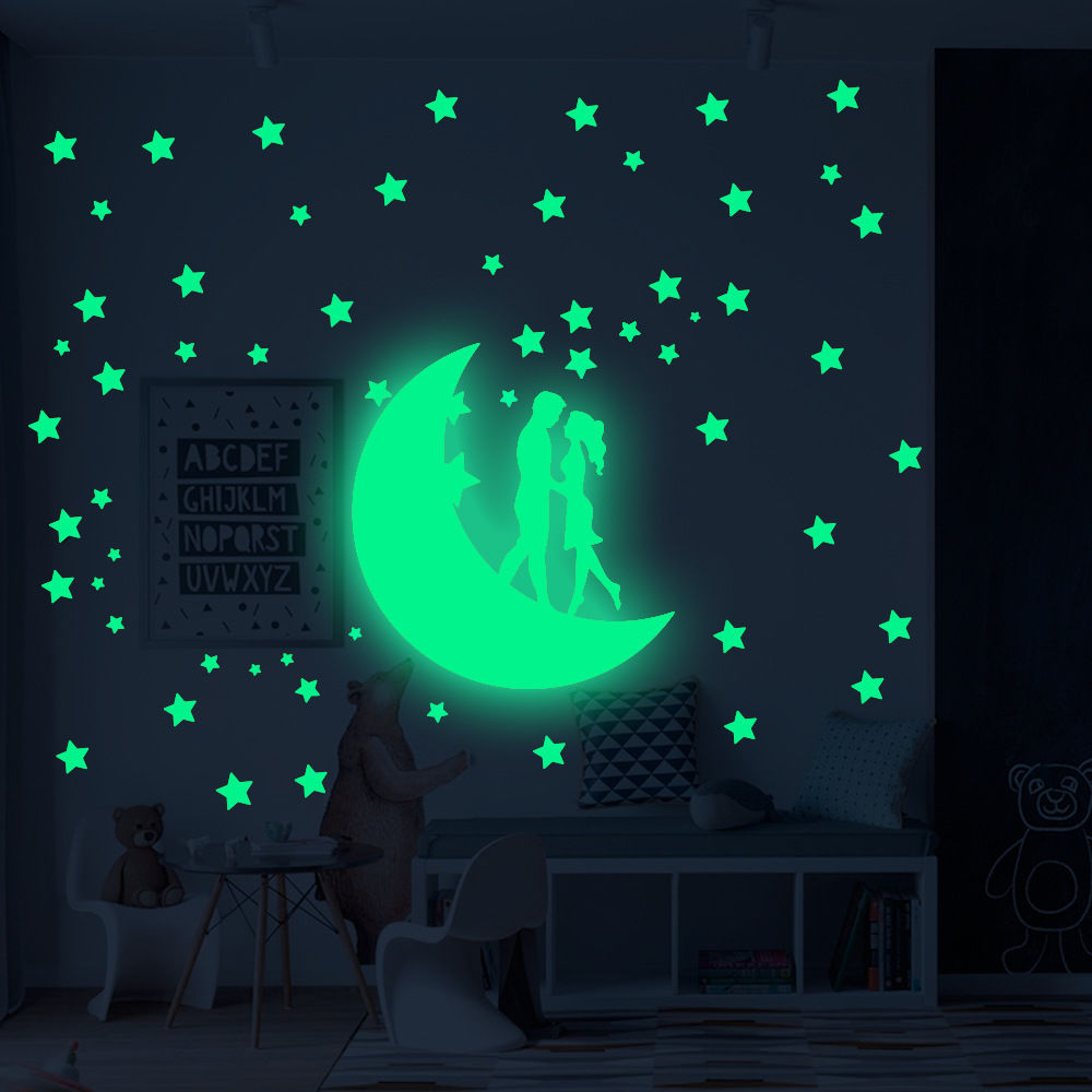 Moon Couple Cat Pattern Luminous Wall Stickers Stars And Dots