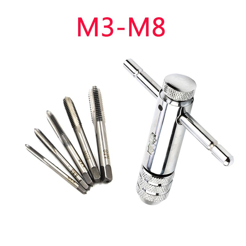 QISF Adjustable T-Handle Ratchet Tap Holder Wrench Set + 5Pcs Titanium  M3-M8 Machine Screw Thread Metric Plug Taps(Wrench 10 Long)