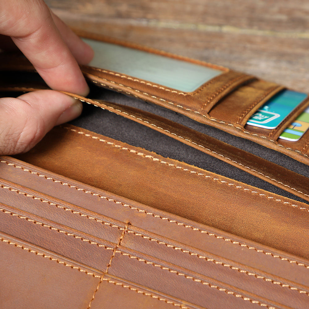 Handmade vintage long wallet leather mens zipper clutch wallet for men