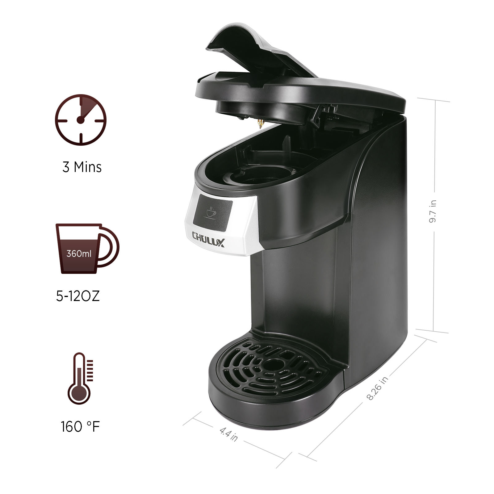 CHULUX Single Cup Coffee Maker Brewer,One Touch Function Compact Pod Mini Coffee  Machine with Reusable Coffee Filter Cup,White