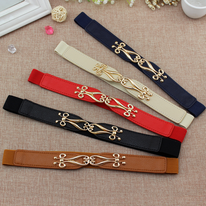 Double Geometric Flower Buckle Belts Solid Color Waistband Elastic