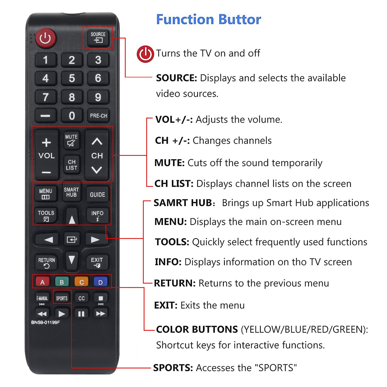 ♛Télécommande, télécommande multifonctions Smart TV avec grandes touches  pour Samsung BN59-01185F BN59-01185D pour LG, E-XIL