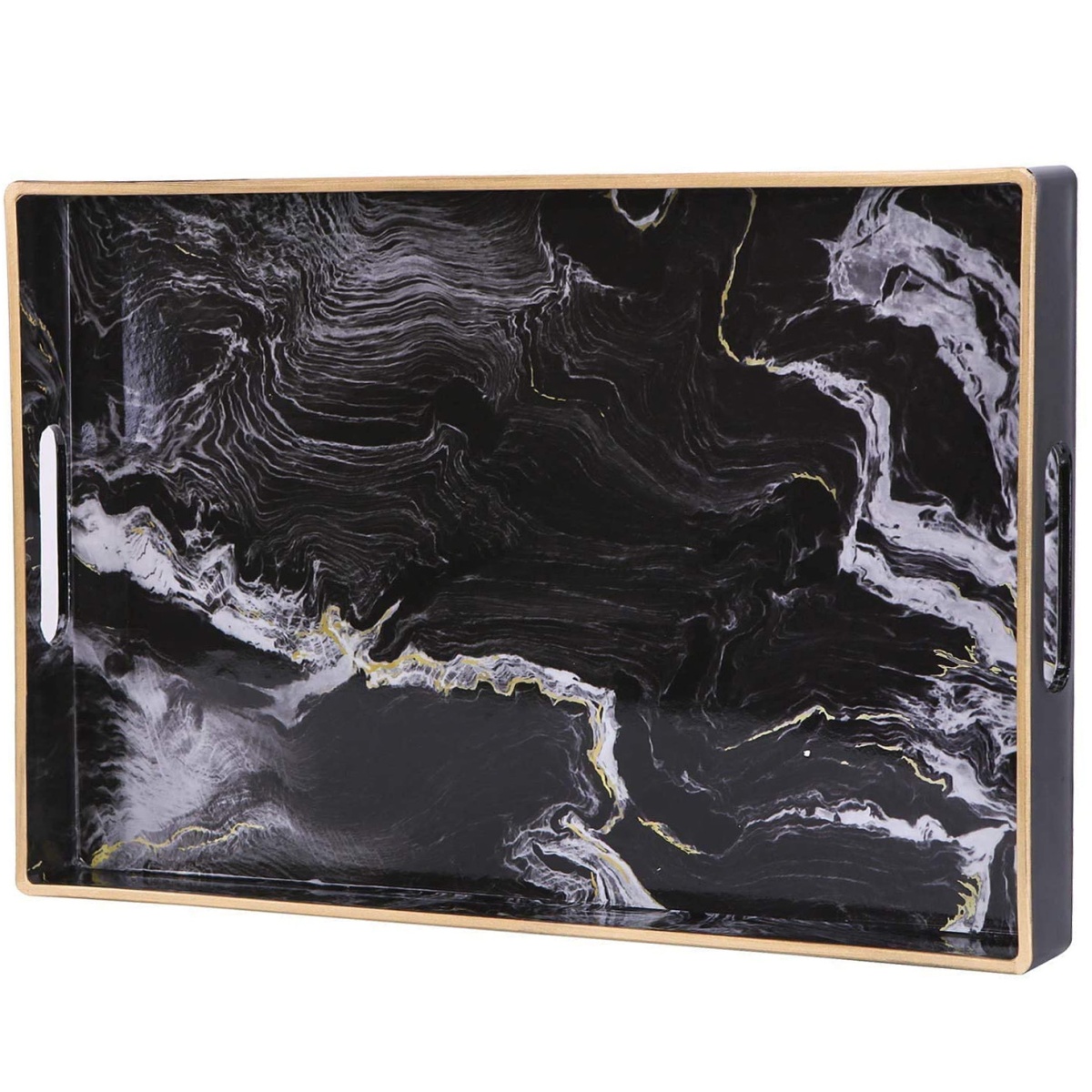 Plateau marbre rectangulaire noir avec poignées dorées