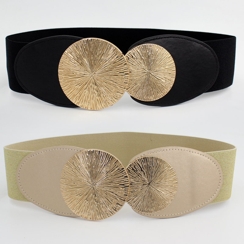 Women's Real Leather Waist Belt Elastic Wide Waistband Gold Double Buckle  Belt