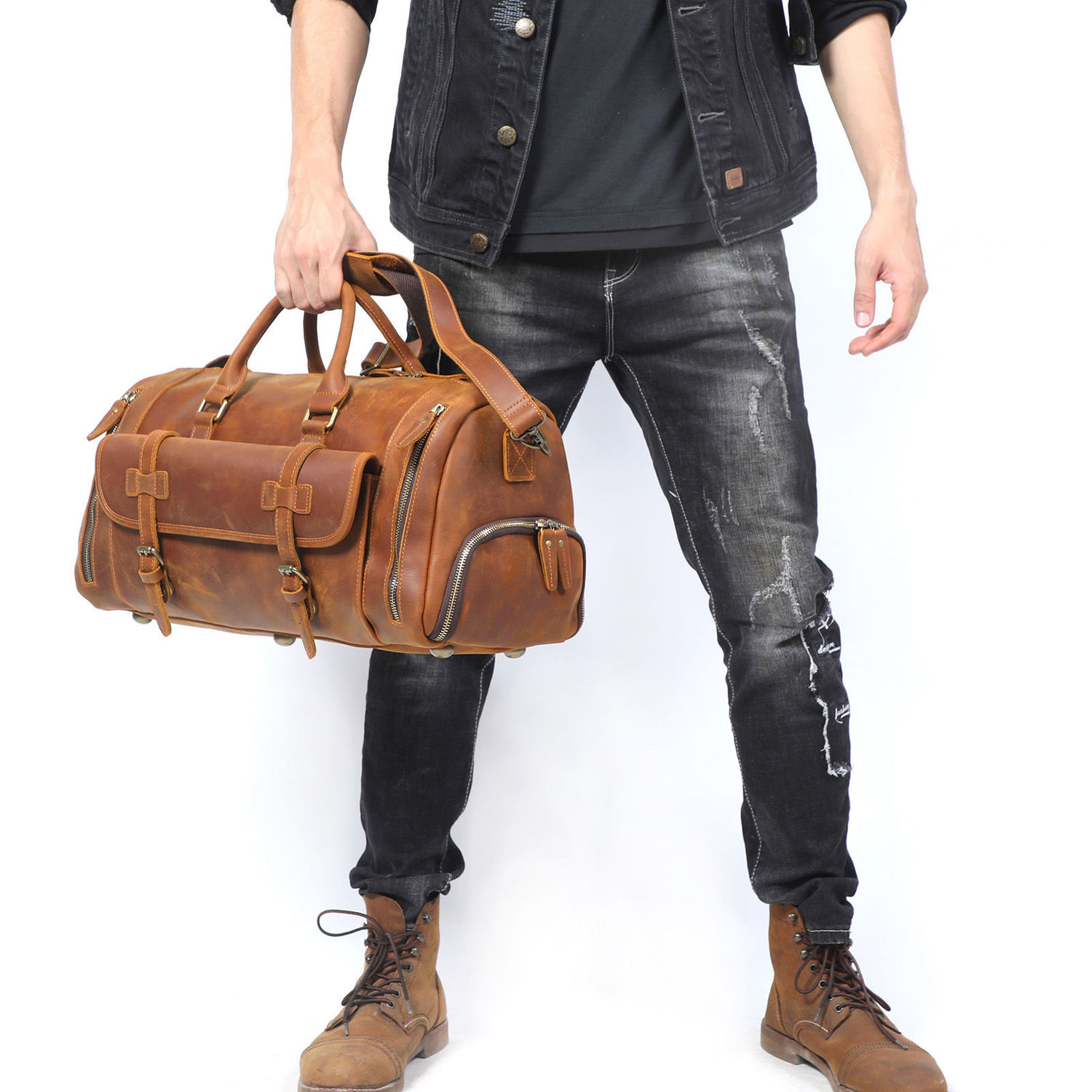 Vintage Leather Travel Duffle Bag, Large Capacity Sports Gym Bag,  Crazy-horse Leather Weekender Overnight Bag