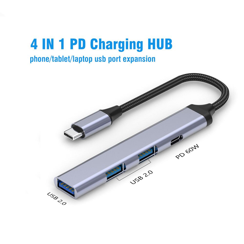 4 In 1 Type-c To Usb Hub Pd 3 Usb2.0 アルミニウム合金編組 3.5mm