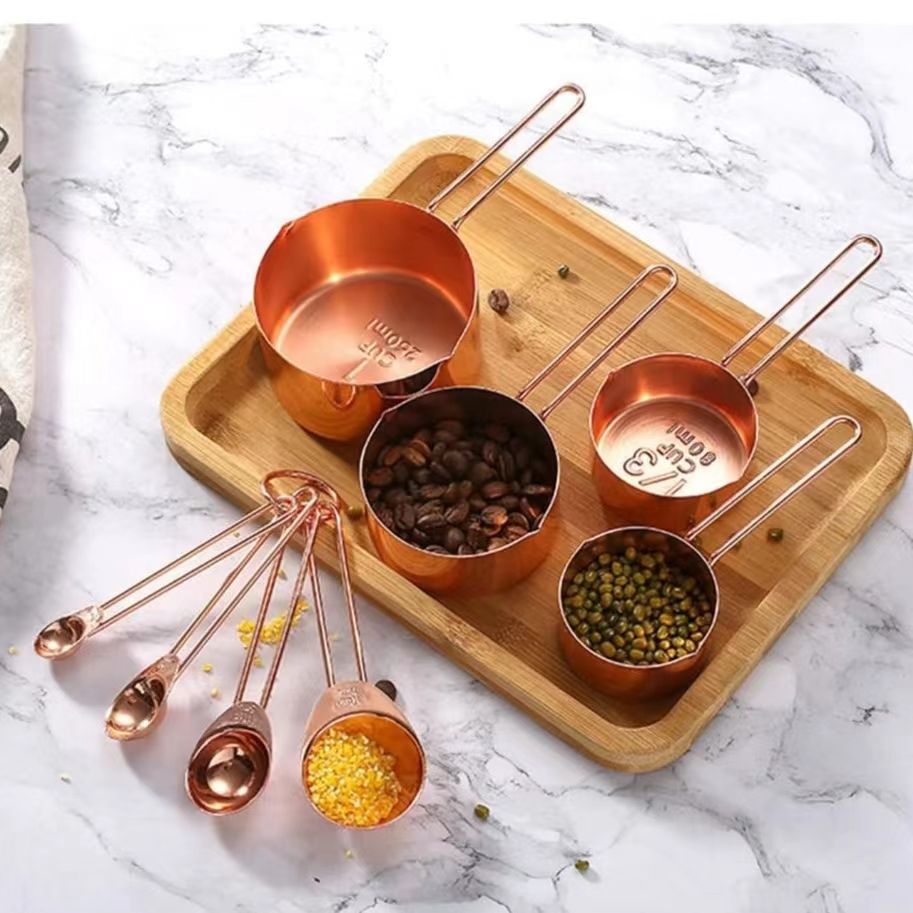 8PCS Copper Engraved Measuring Spoon and Cup Set With Walnut 