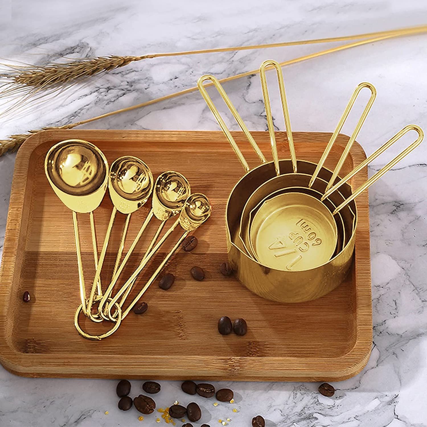 Measuring Cups And Spoons, Wooden Handle With Metric And American  Measurements, Premium Stainless Steel, Gold Plated Polished, Dry And Liquid Measuring  Cups For Cooking And Baking - Temu